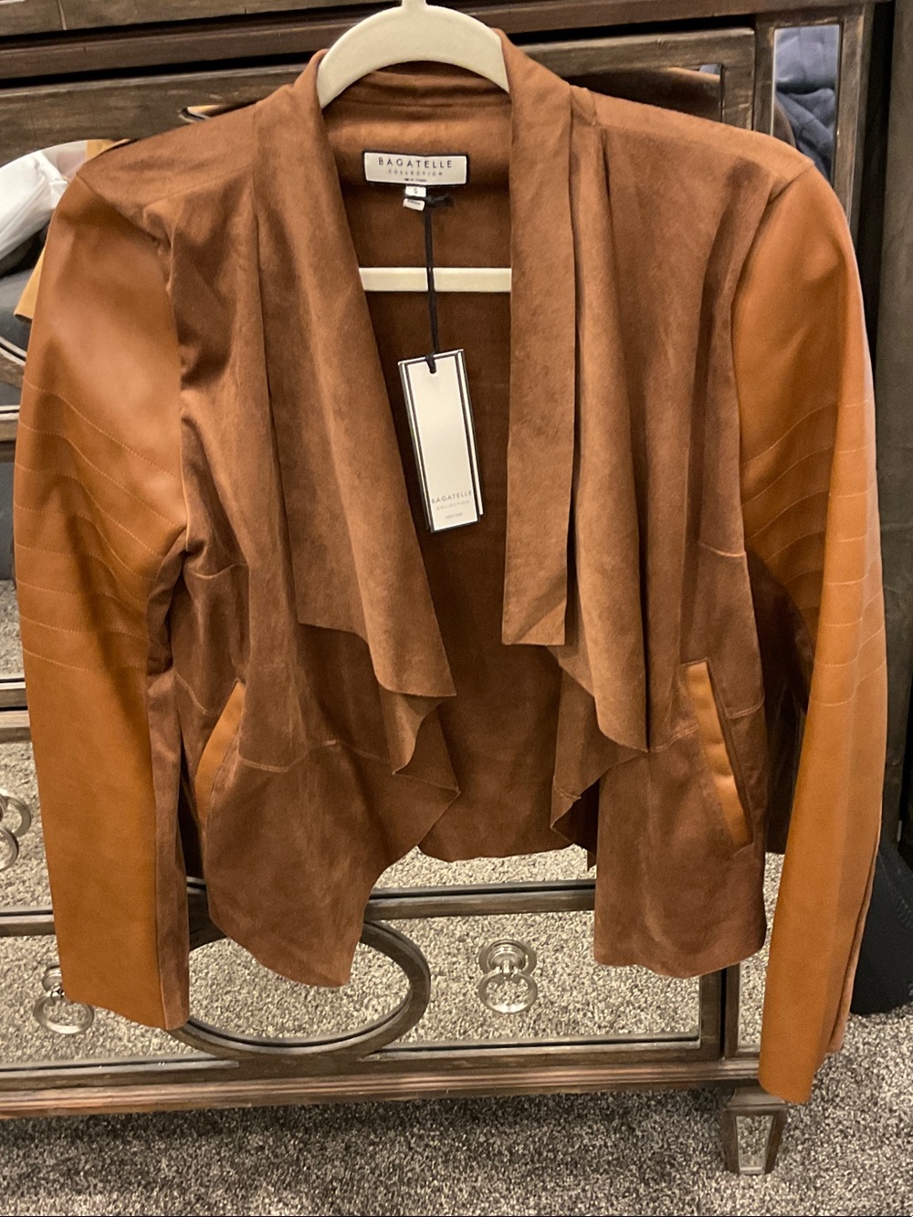 Bagatelle Two-Tone Brown Faux Suede and Leather Draped Jacket